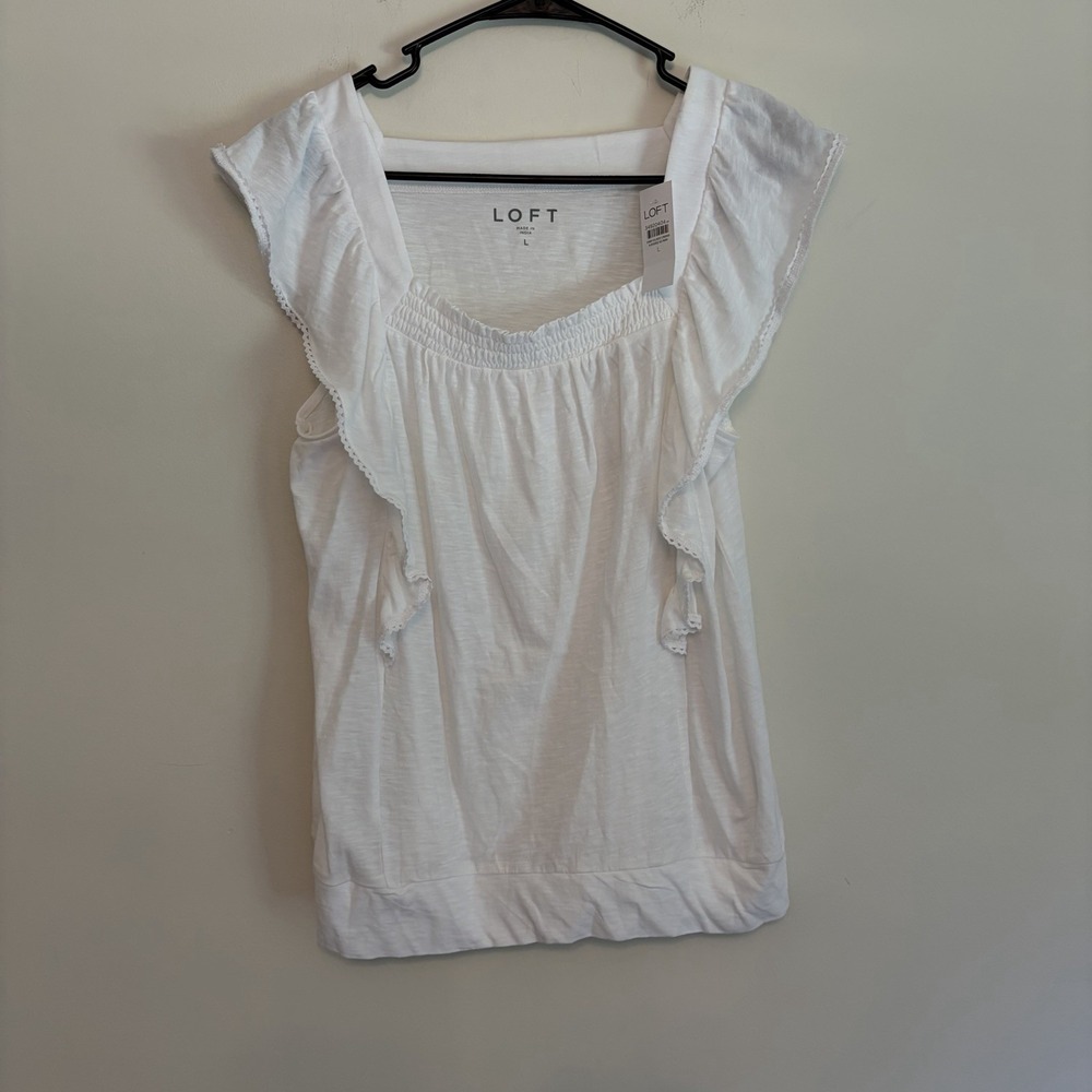 NWT Loft L White Flutter Sleeve Ruffle Blouse Smocked Square‎ Neck Cotton Top